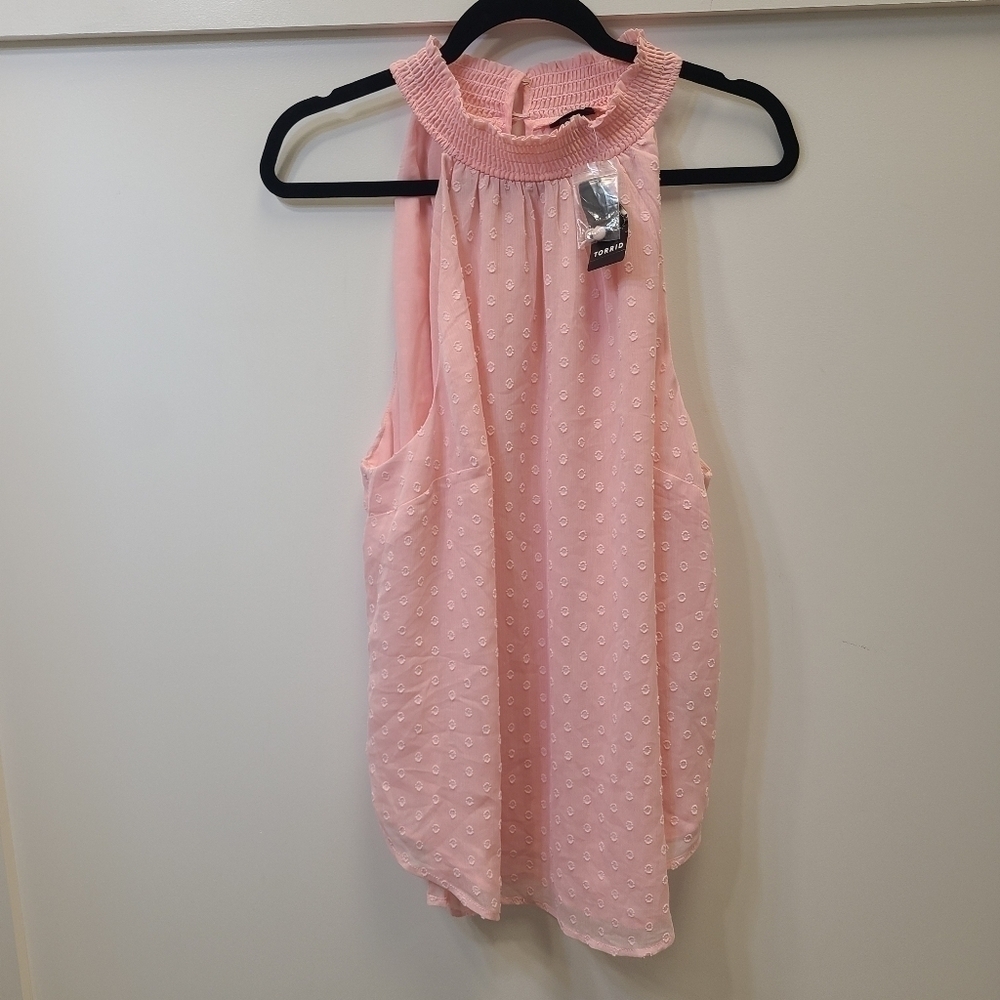 NEW Torrid Womens Top Sz 3 Pink Chiffon Swiss Dot Mock Neck Ruffle Tank Sheer 3X